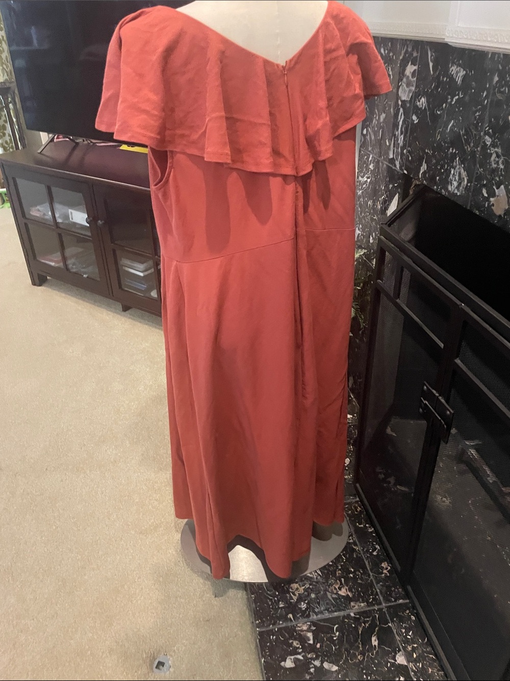 Rust Red Ruffle V-Neck Women's Dress - Picture 9 of 9